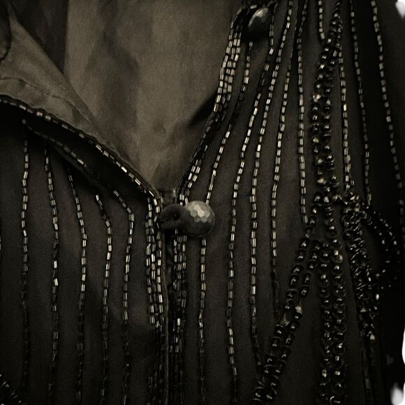 Silhouettes Black Beaded 100% Silk Sheer Sleeved Button Up Blouse Plus Size 22W - Picture 9 of 10